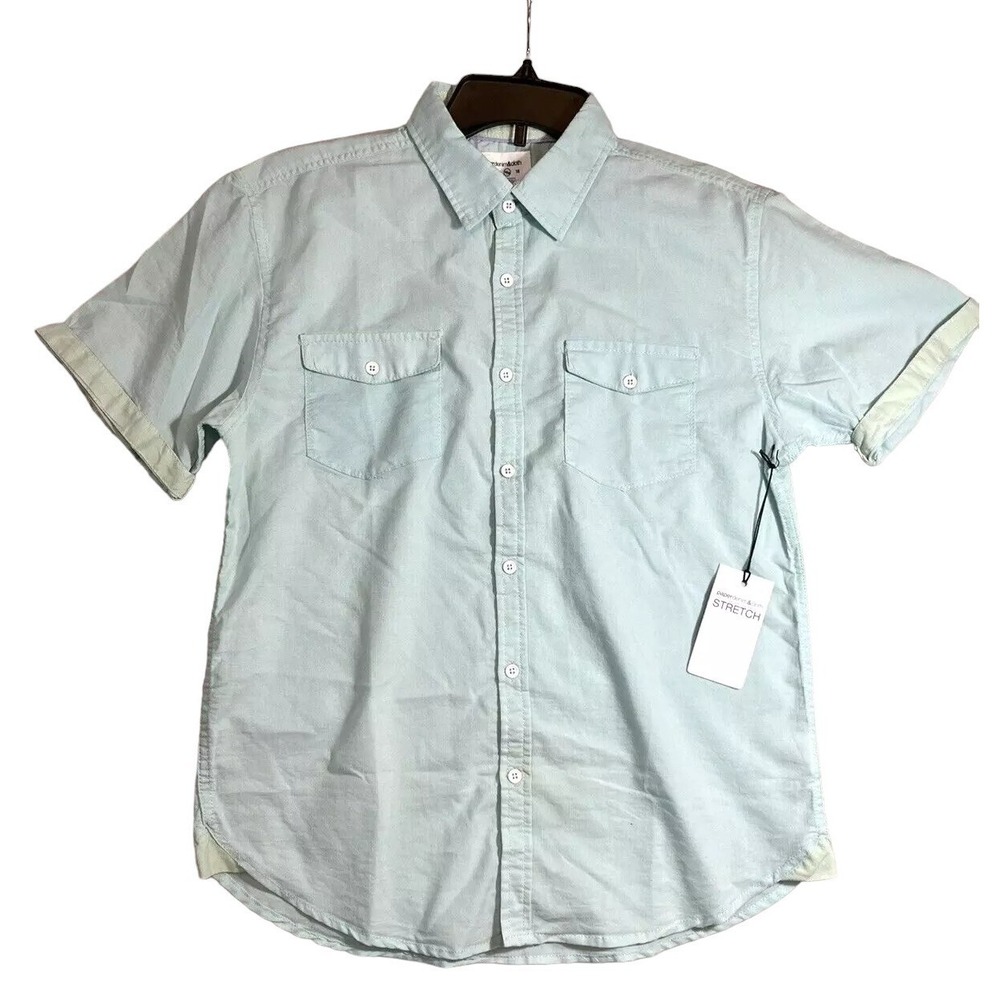 Paper Denim & Cloth Boys L 14/16 aqua blue button front shirt pockets linen look